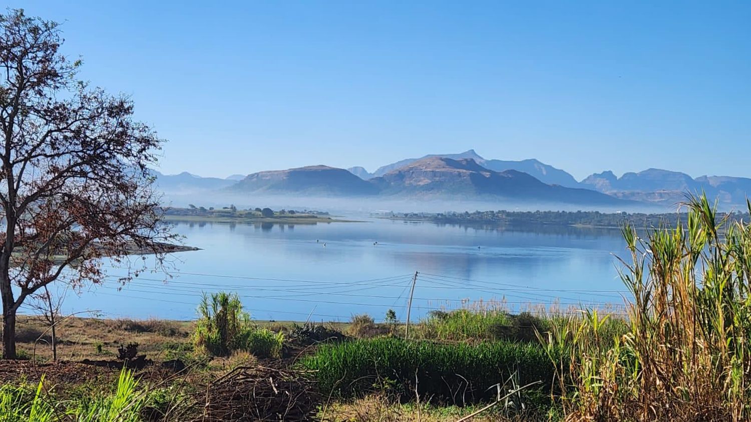 Morning mist over the blue lake