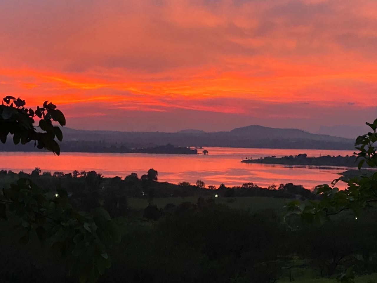 Red sky over the lake at sunset