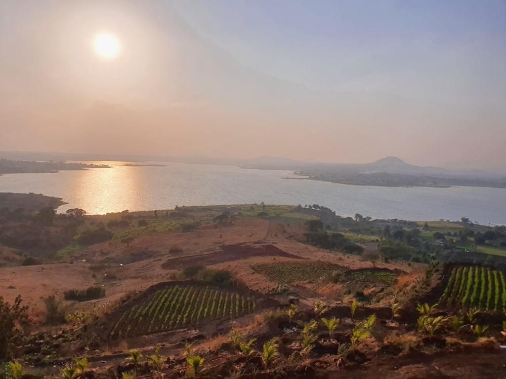 Sunset over the terraces and lake